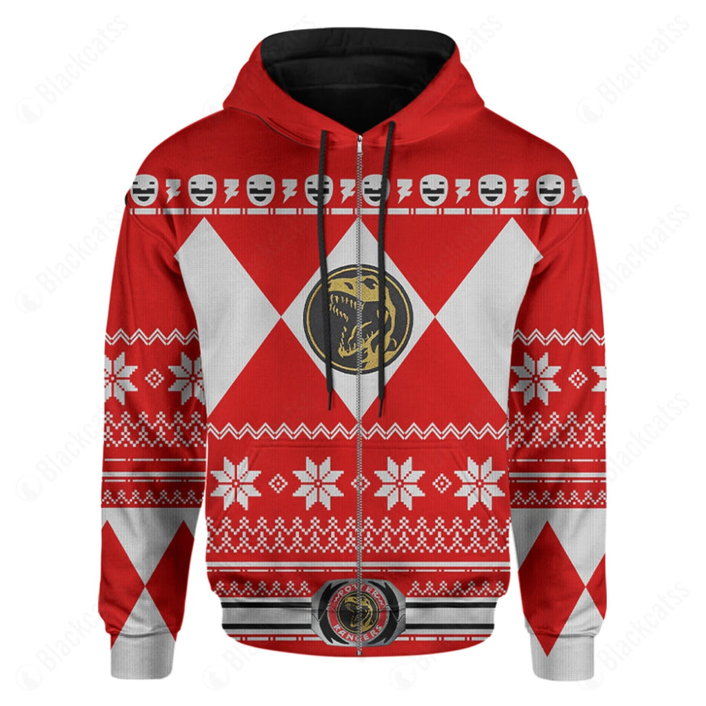 Mighty Morphin Red Power Rangers Ugly Christmas Costume Hoodie Sweatshirt T-Shirt Sweatpants Tracksuit - Stormmerch Exclusive