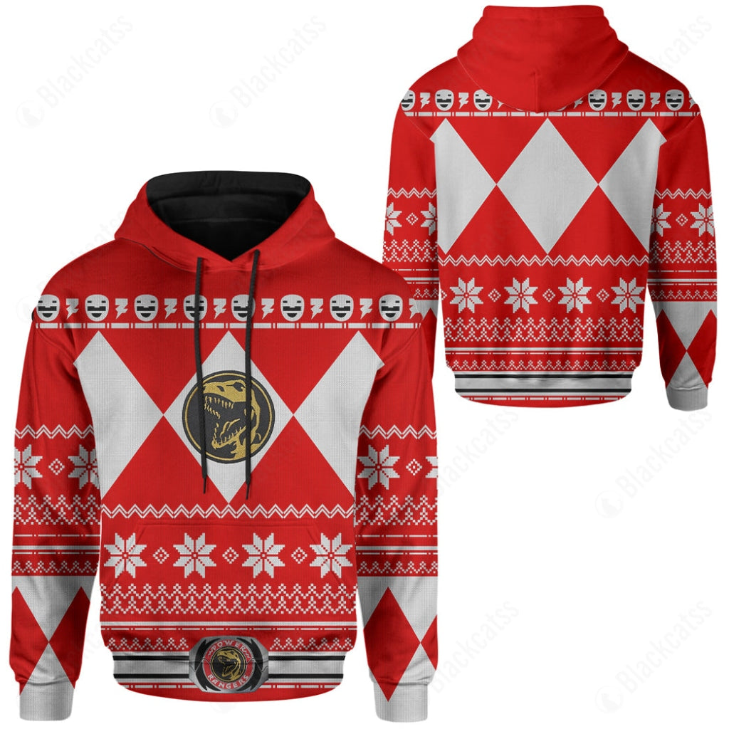 Mighty Morphin Red Power Rangers Ugly Christmas Costume Hoodie Sweatshirt T-Shirt Sweatpants Tracksuit - Stormmerch Exclusive