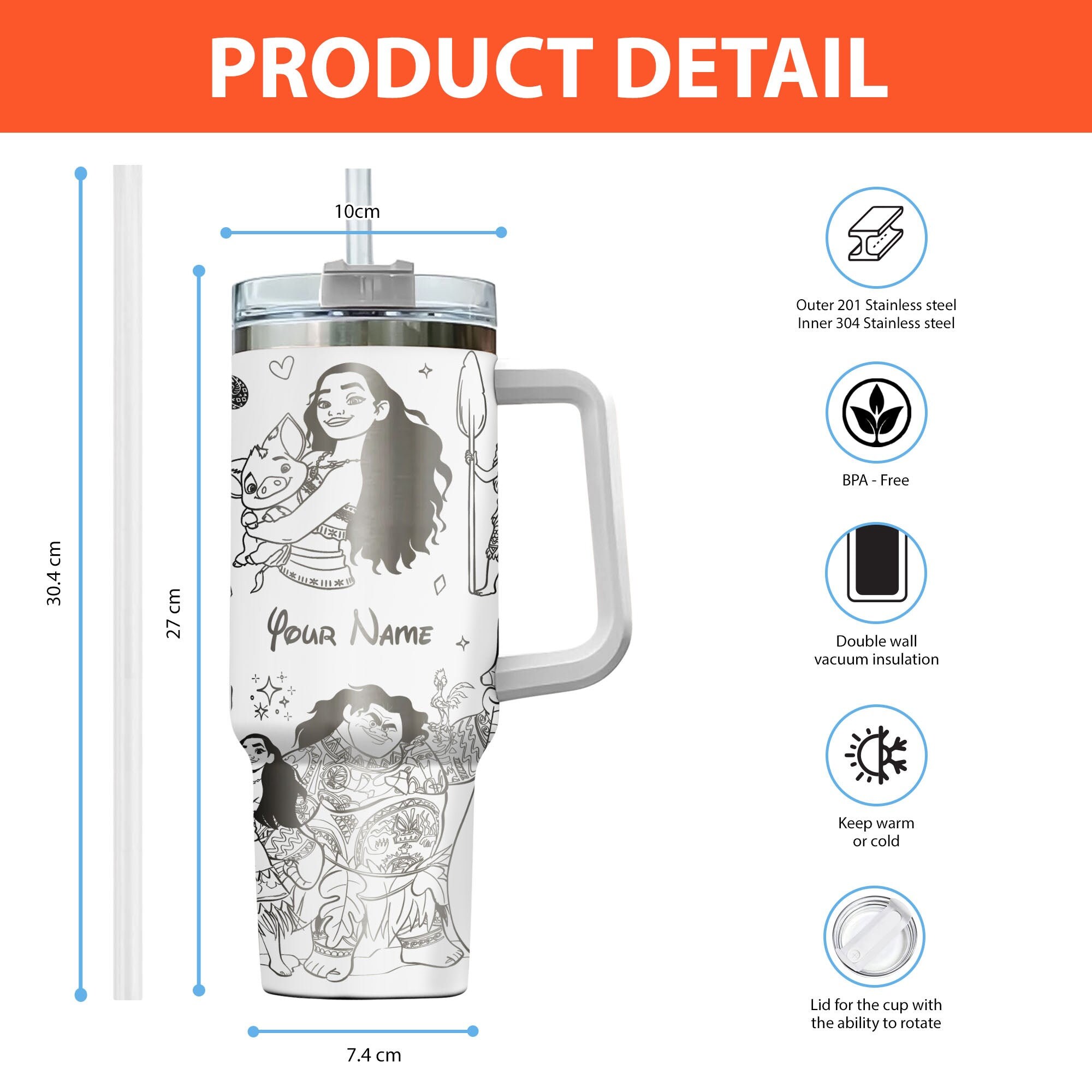 Moana Disney Cartoon Custom Stanley Cup 40 oz 30 oz Tumbler With Handle