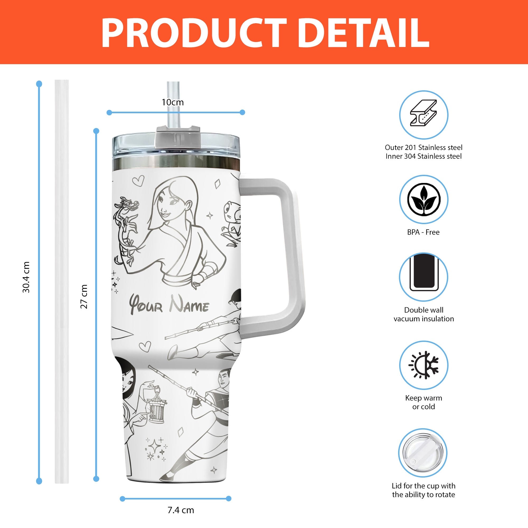 Mulan Disney Cartoon Custom Stanley Cup 40 oz 30 oz Tumbler With Handle