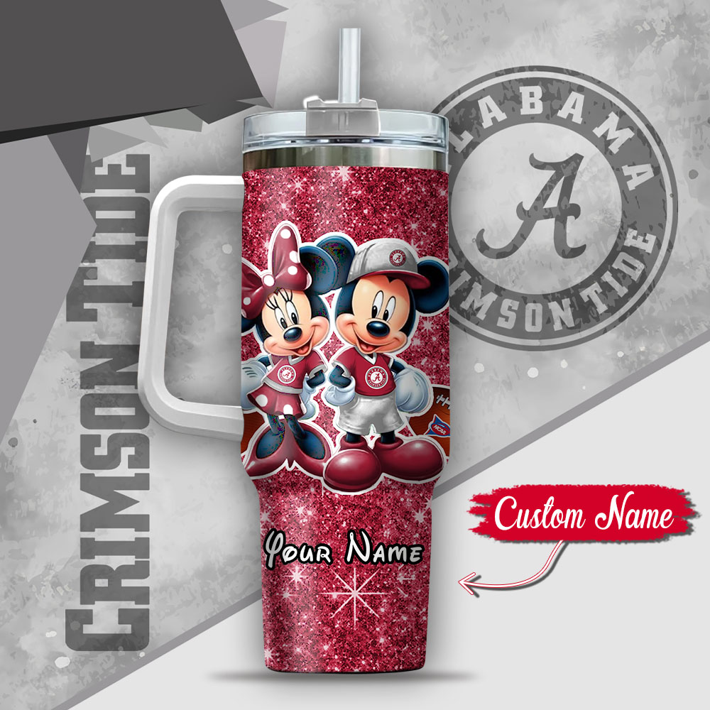 NCAA Alabama Crimson Tide Mickey And Minnie Couple Custom Stanley Cup 40 oz 30 oz Tumbler With Handle