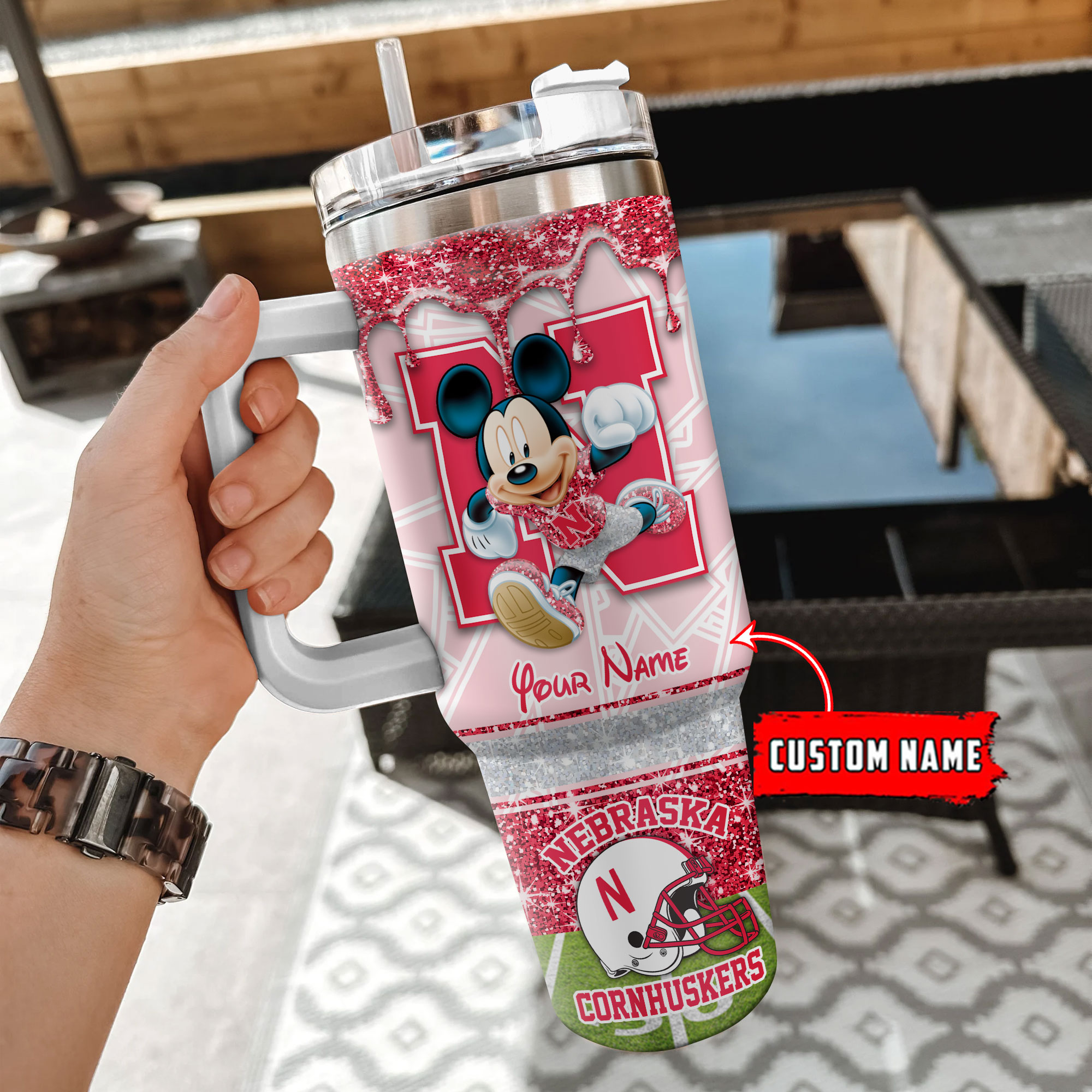 Nebraska Cornhuskers NCAA Mickey Mouse Glitter Custom Stanley Cup 40 oz 30 oz Tumbler With Handle