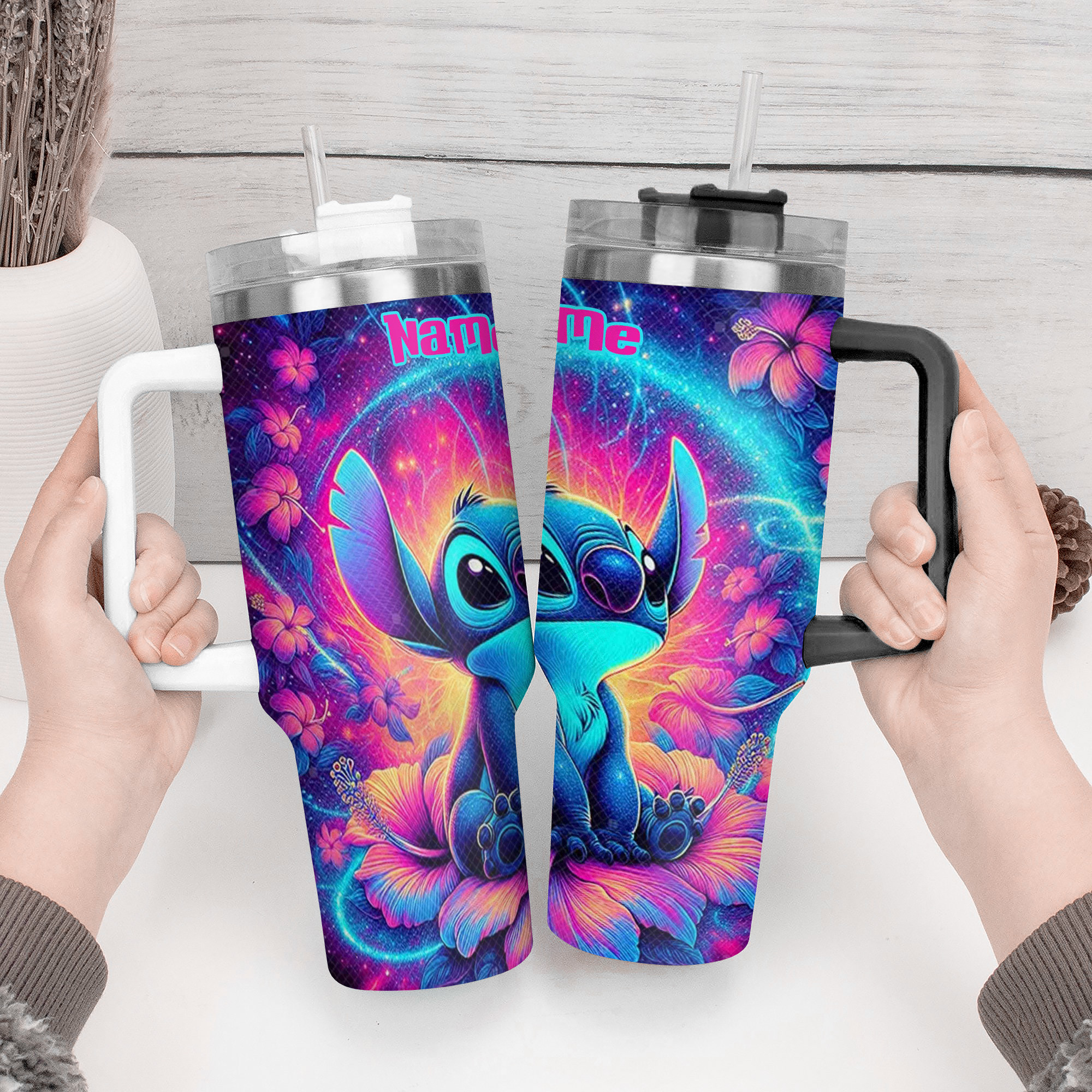 Neon Light Colorful Stitch Cartoon Custom Stanley Cup 40 oz 30 oz Tumbler With Handle