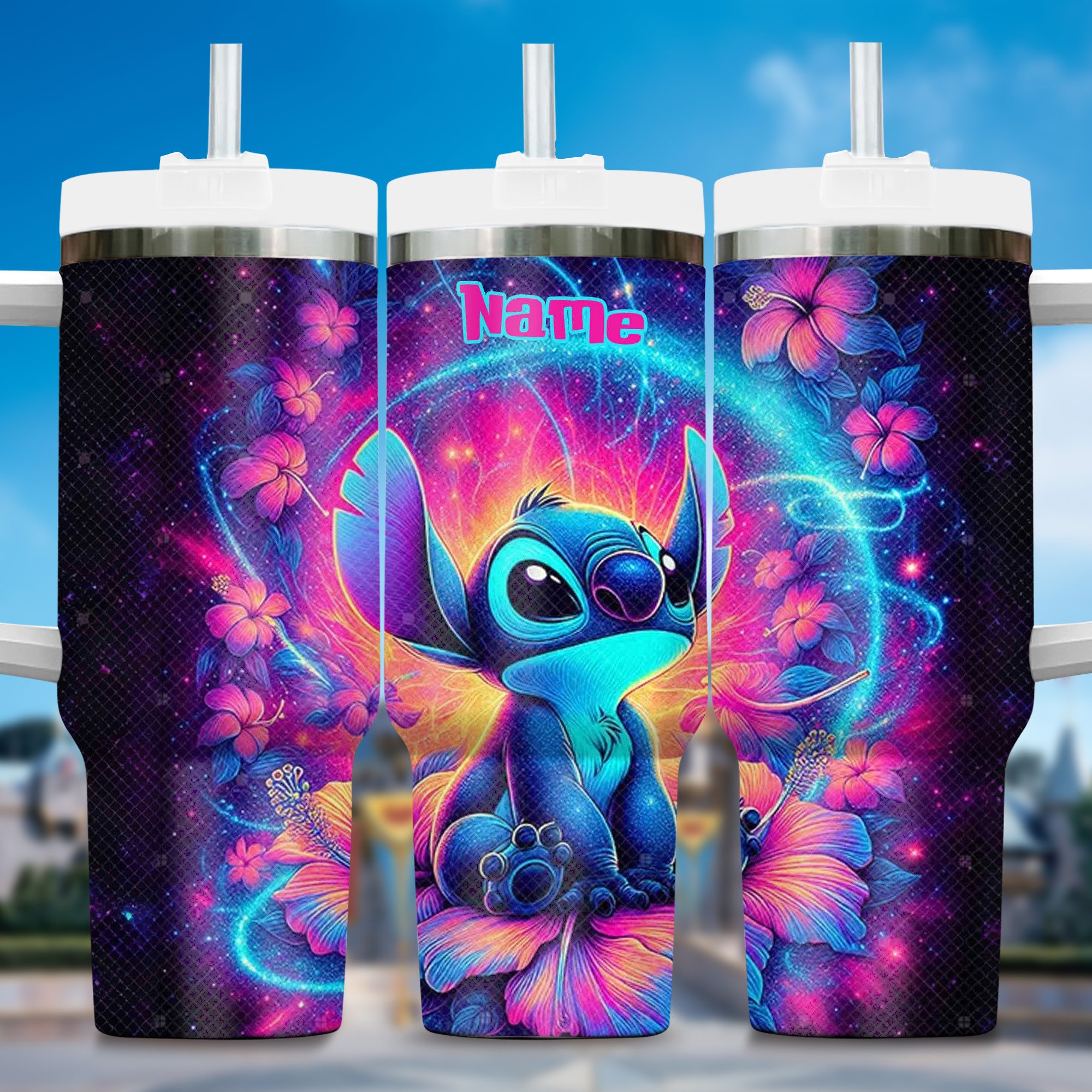 Neon Light Colorful Stitch Cartoon Custom Stanley Cup 40 oz 30 oz Tumbler With Handle