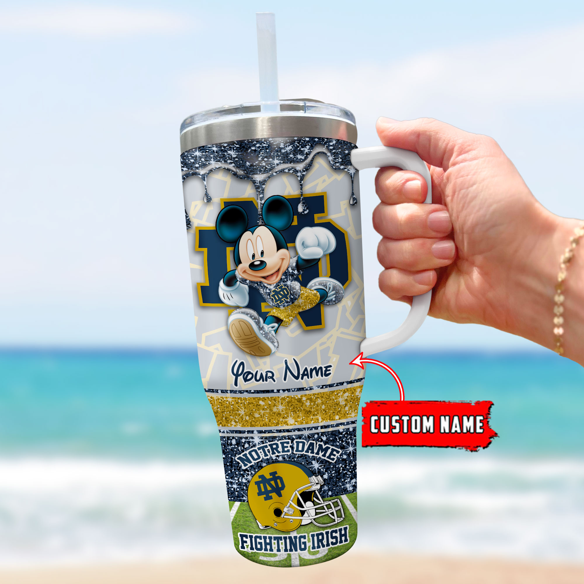 Notre Dame Fighting Irish NCAA Mickey Mouse Glitter Custom Stanley Cup 40 oz 30 oz Tumbler With Handle