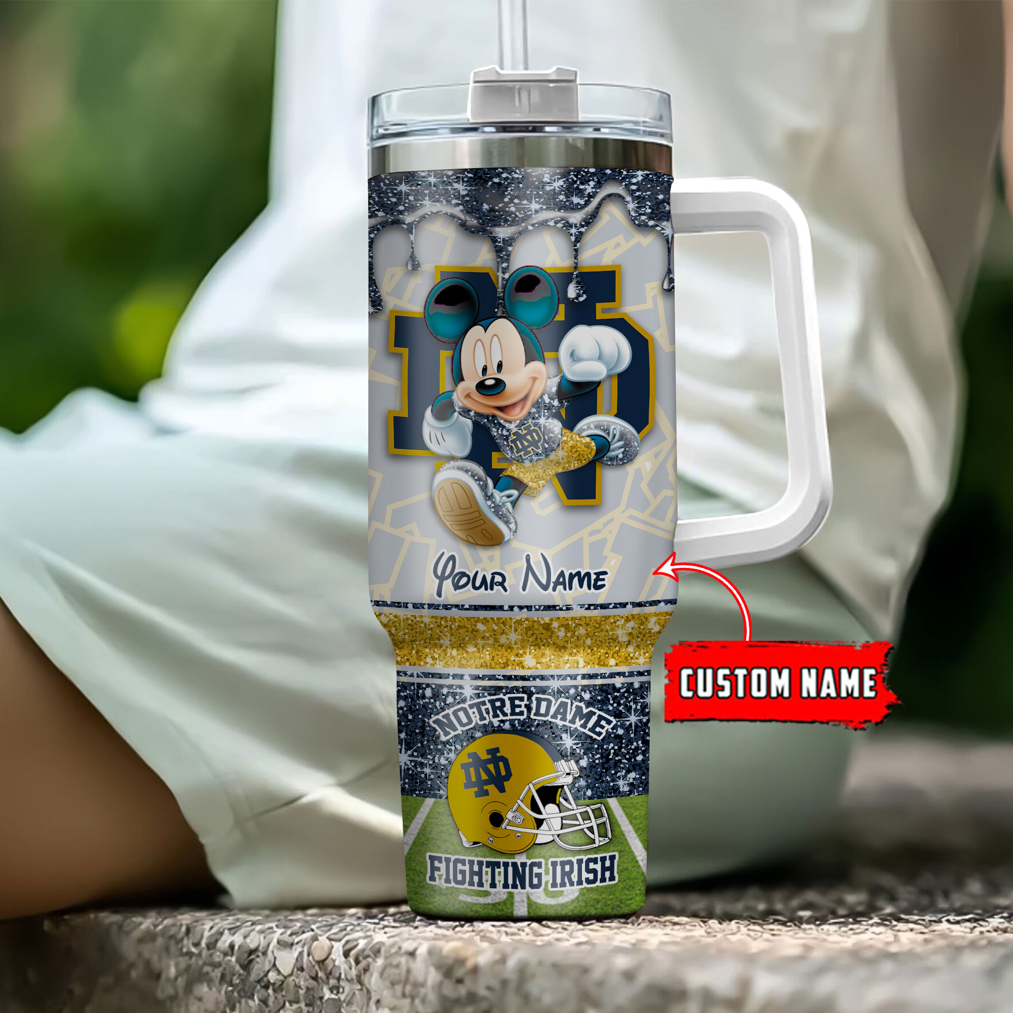 Notre Dame Fighting Irish NCAA Mickey Mouse Glitter Custom Stanley Cup 40 oz 30 oz Tumbler With Handle