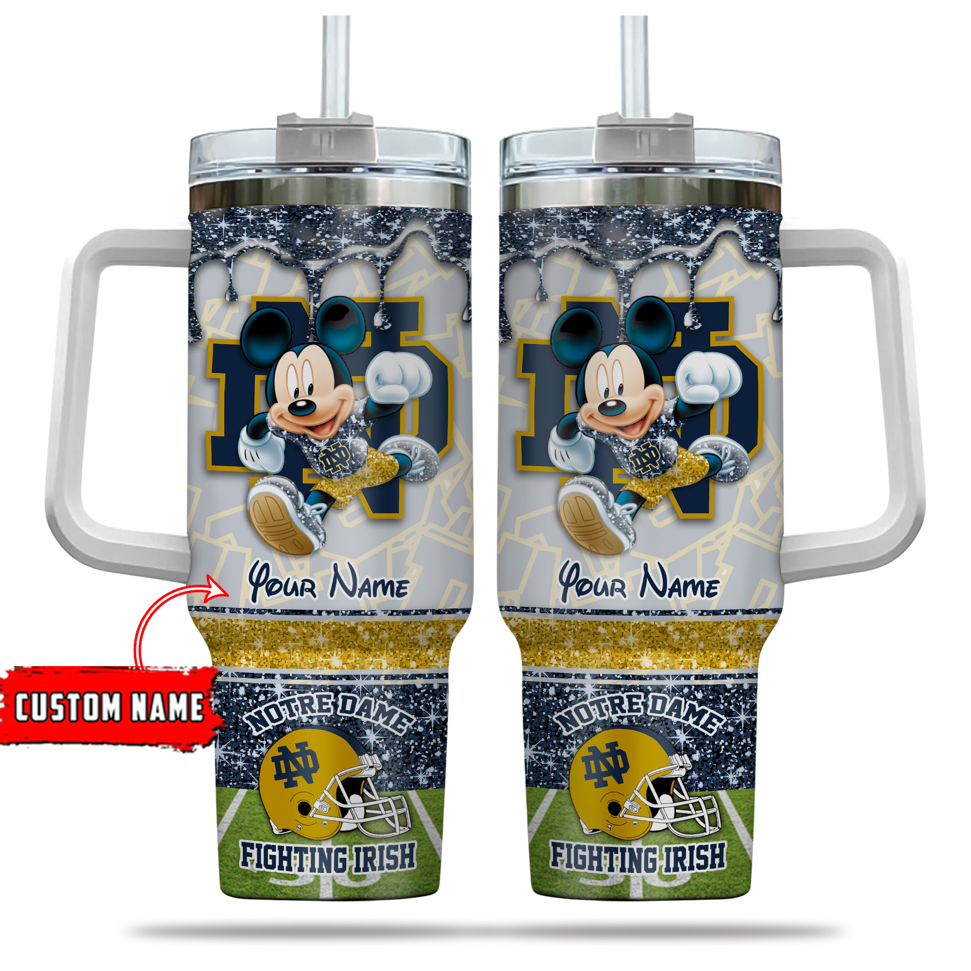 Notre Dame Fighting Irish NCAA Mickey Mouse Glitter Custom Stanley Cup 40 oz 30 oz Tumbler With Handle