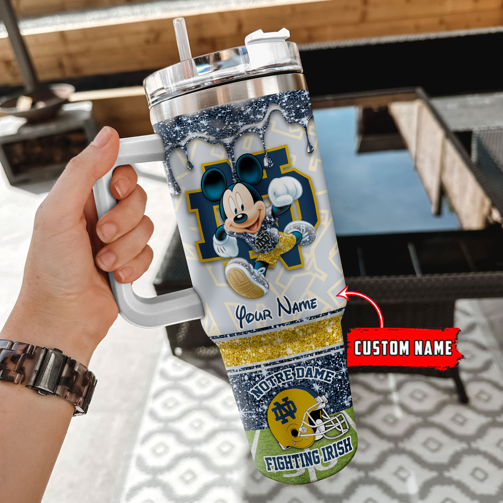 Notre Dame Fighting Irish NCAA Mickey Mouse Glitter Custom Stanley Cup 40 oz 30 oz Tumbler With Handle