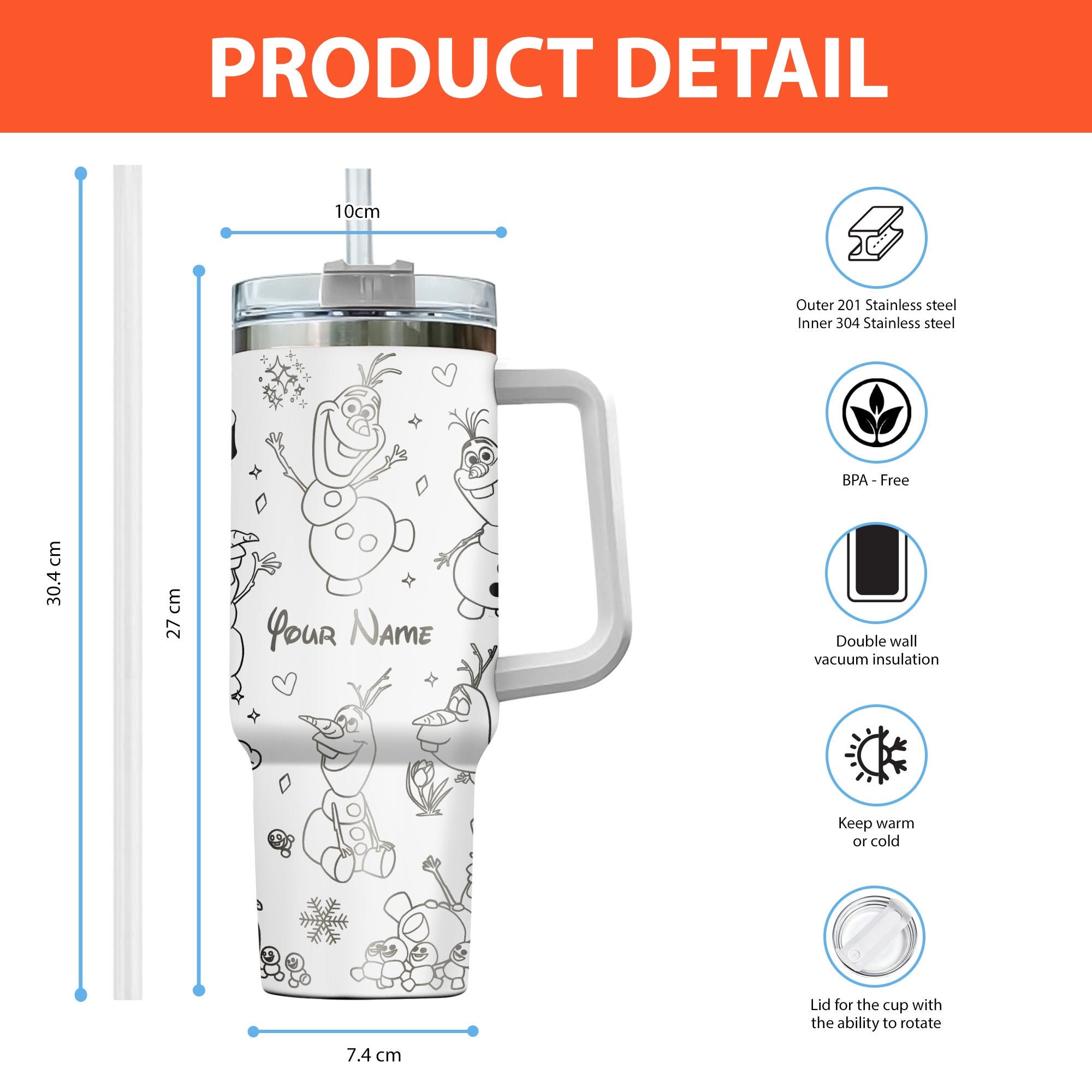 Olaf Frozen Disney Cartoon Custom Stanley Cup 40 oz 30 oz Tumbler With Handle