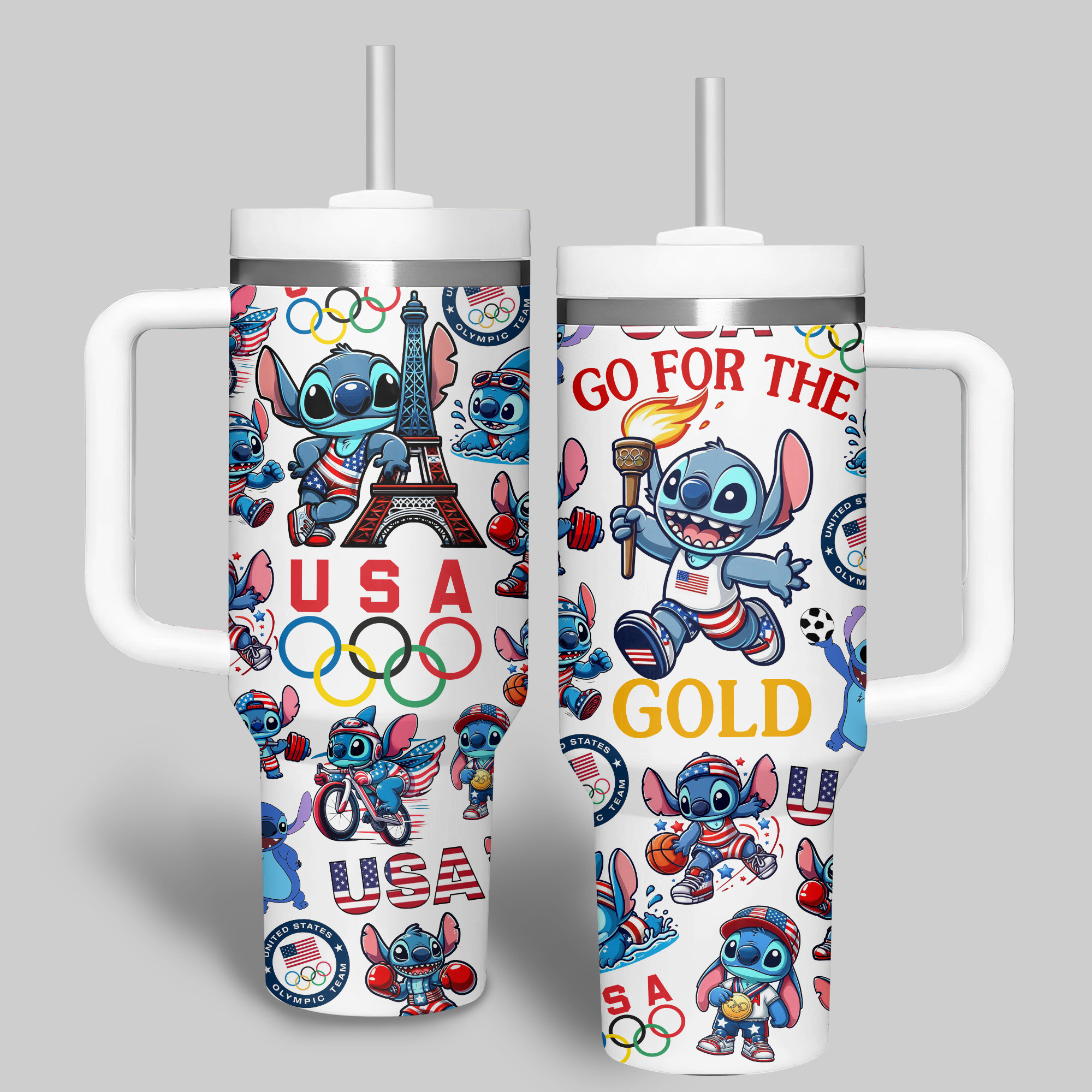 Olympic Paris 2024 Stitch Cartoon Custom Stanley Cup 40 oz 30 oz Tumbler With Handle