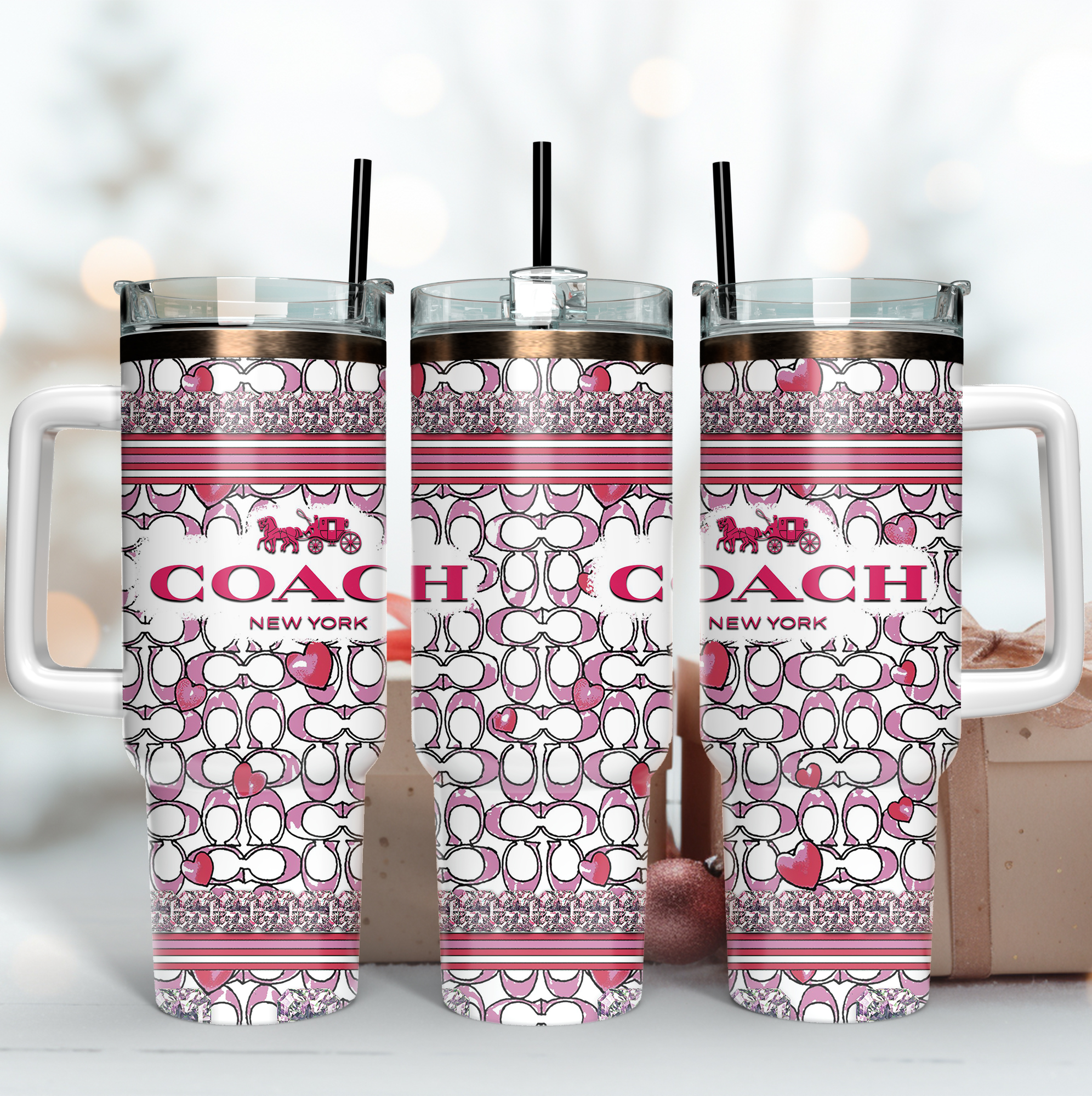 Pink Coach Logo Custom Stanley Cup 40 oz 30 oz Tumbler With Handle