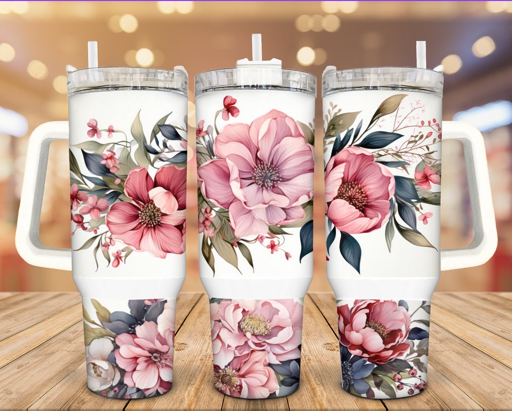 Pink Flowers Custom Stanley Cup 40 oz 30 oz Tumbler With Handle