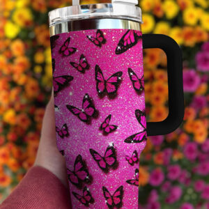 Pink Glitter Butterfly Custom Stanley Cup 40 oz 30 oz Tumbler With Handle