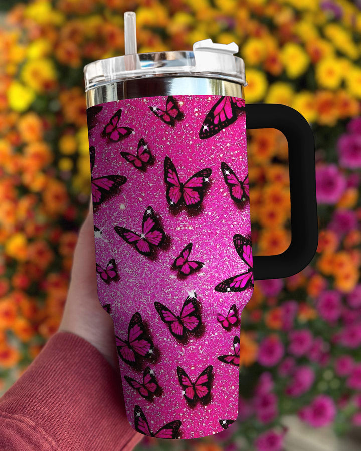 Pink Glitter Butterfly Custom Stanley Cup 40 oz 30 oz Tumbler With Handle