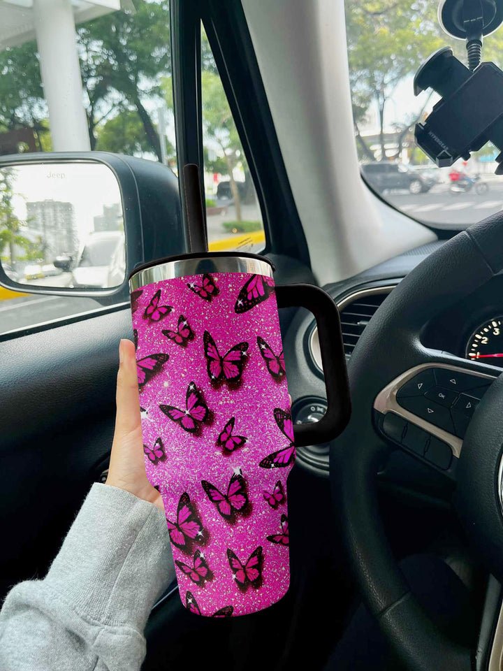 Pink Glitter Butterfly Custom Stanley Cup 40 oz 30 oz Tumbler With Handle