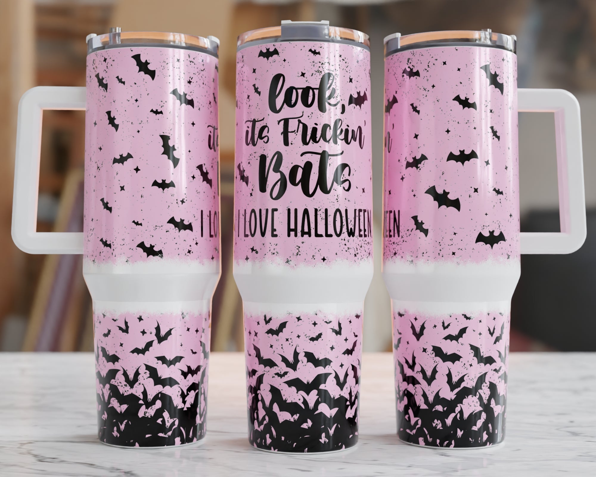 Pink Halloween Bats Custom Stanley Cup 40 oz 30 oz Tumbler With Handle