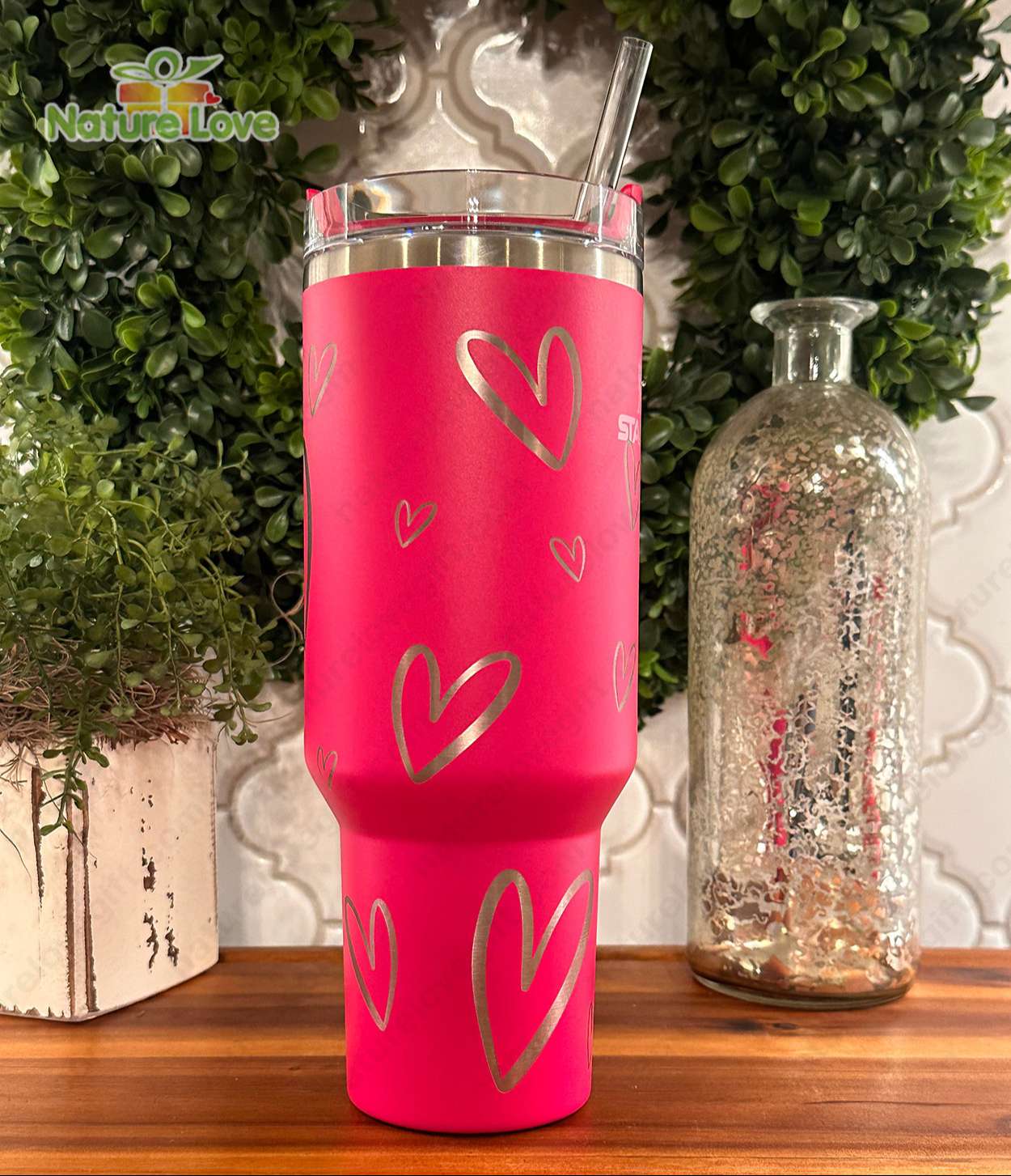 Pink Heart Custom Stanley Cup 40 oz 30 oz Tumbler With Handle