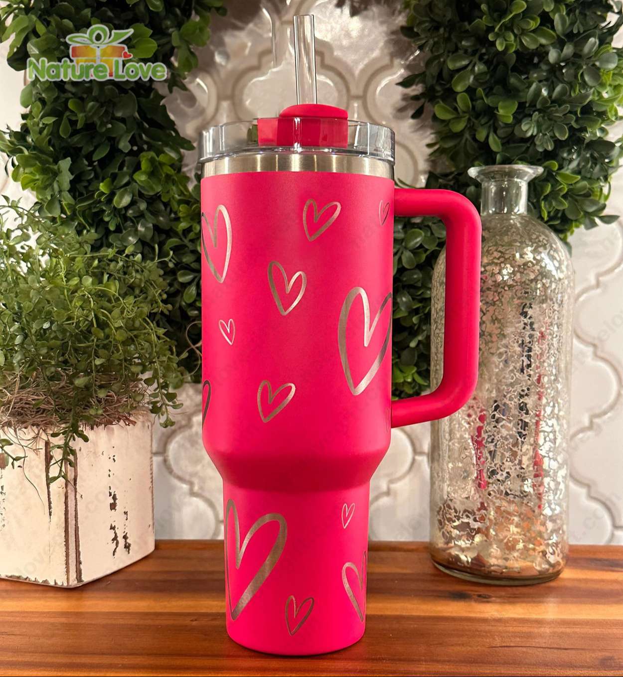 Pink Heart Custom Stanley Cup 40 oz 30 oz Tumbler With Handle