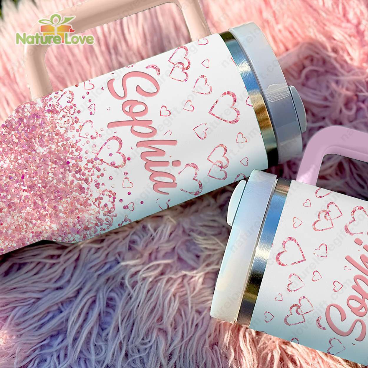 Pink Heart Valentine Custom Stanley Cup 40 oz 30 oz Tumbler With Handle