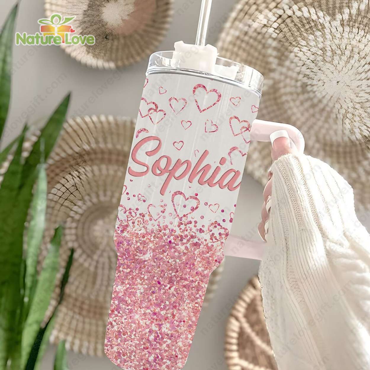 Pink Heart Valentine Custom Stanley Cup 40 oz 30 oz Tumbler With Handle