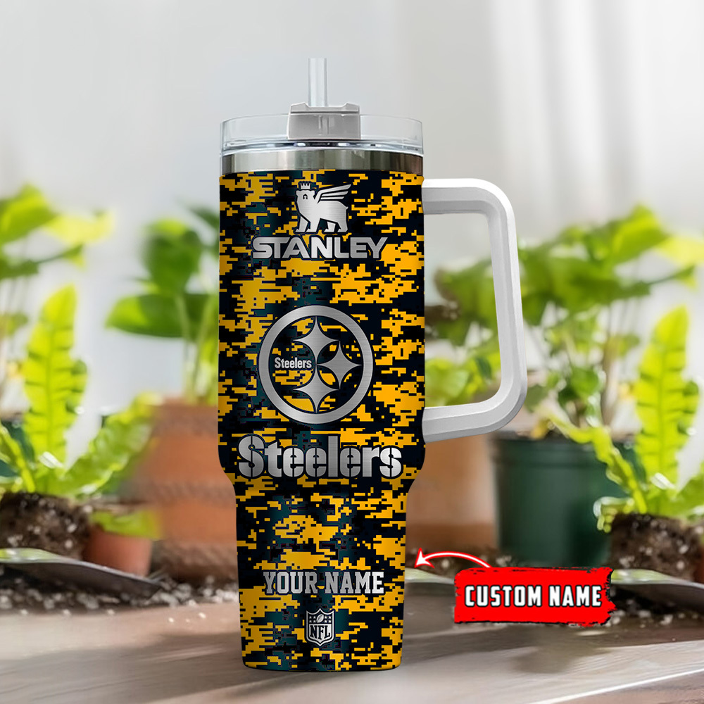Pittsburgh Steelers NFL Camouflage Silver Logo Custom Stanley Cup 40 oz 30 oz Tumbler With Handle