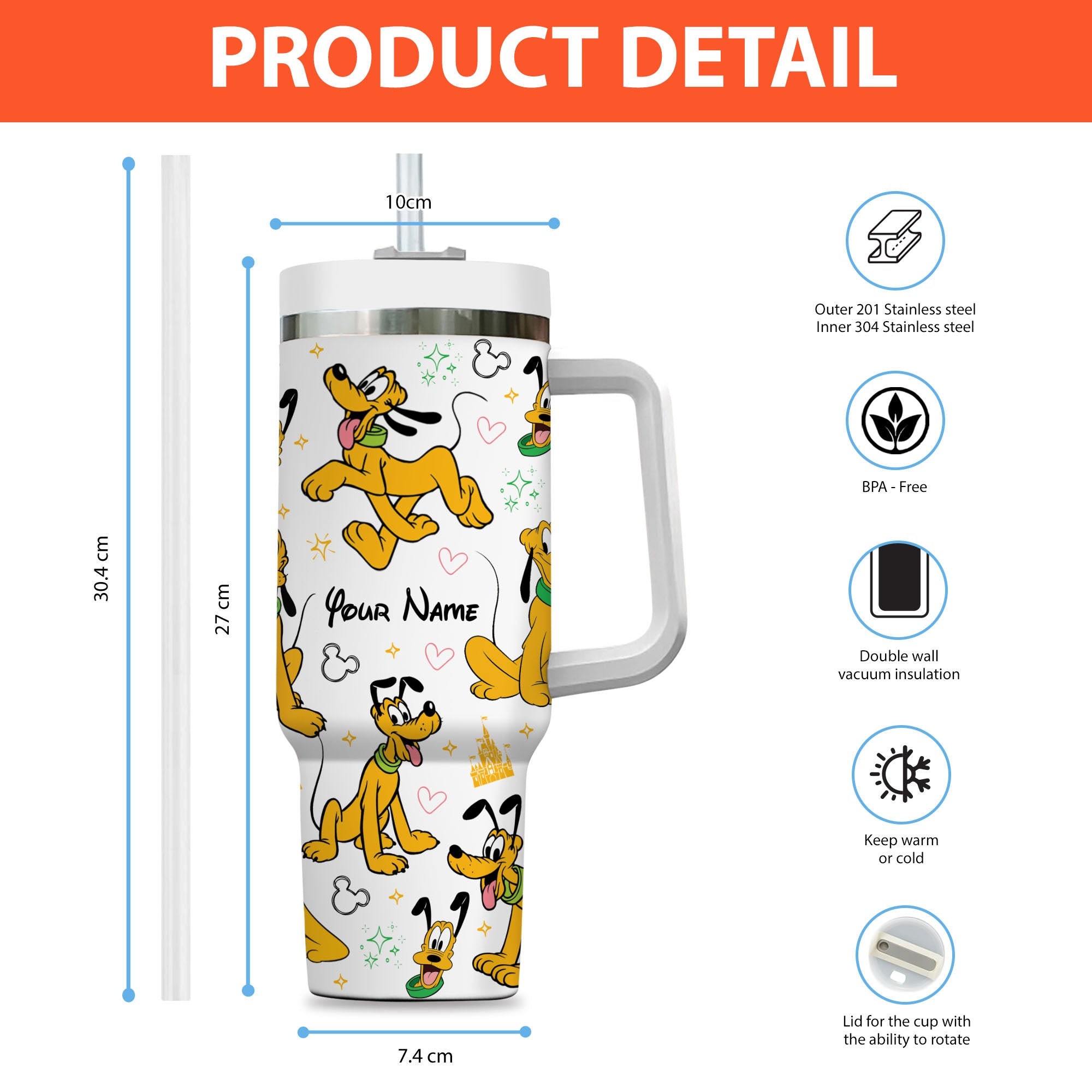 Pluto Disney Cartoon Custom Stanley Cup 40 oz 30 oz Tumbler With Handle