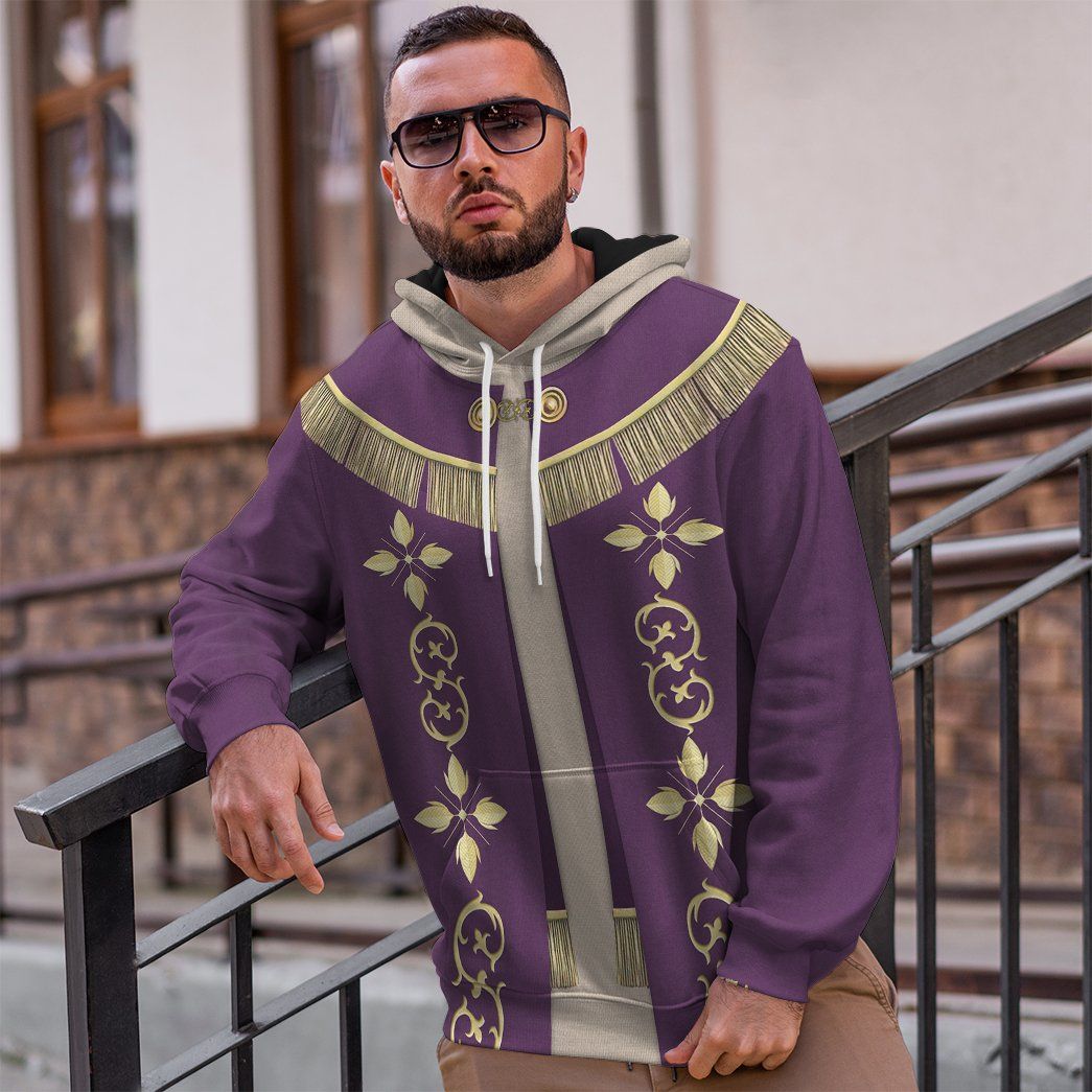 Pope Francis In Purple Liturgical Vestment Costume Hoodie Sweatshirt T-Shirt Sweatpants Tracksuit - Stormmerch Exclusive