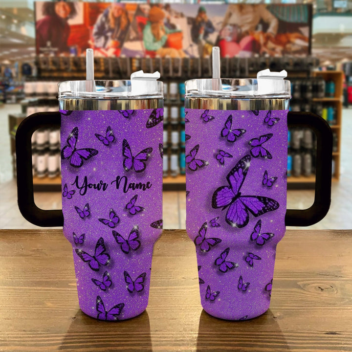Purple Glitter Butterfly Custom Stanley Cup 40 oz 30 oz Tumbler With Handle