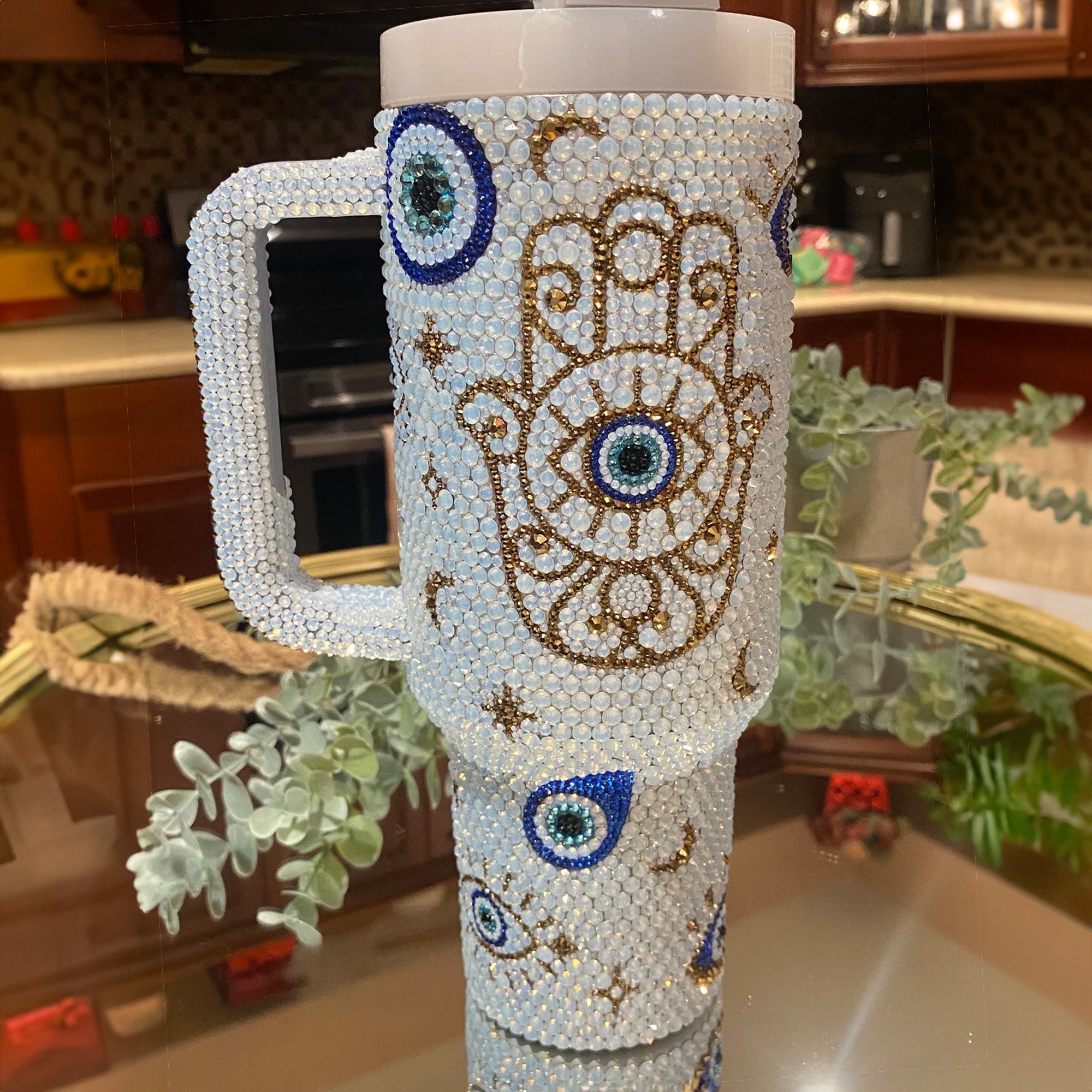 Rhinestone Bling White Opal Evil Eye Custom Stanley Cup 40 oz 30 oz Tumbler With Handle
