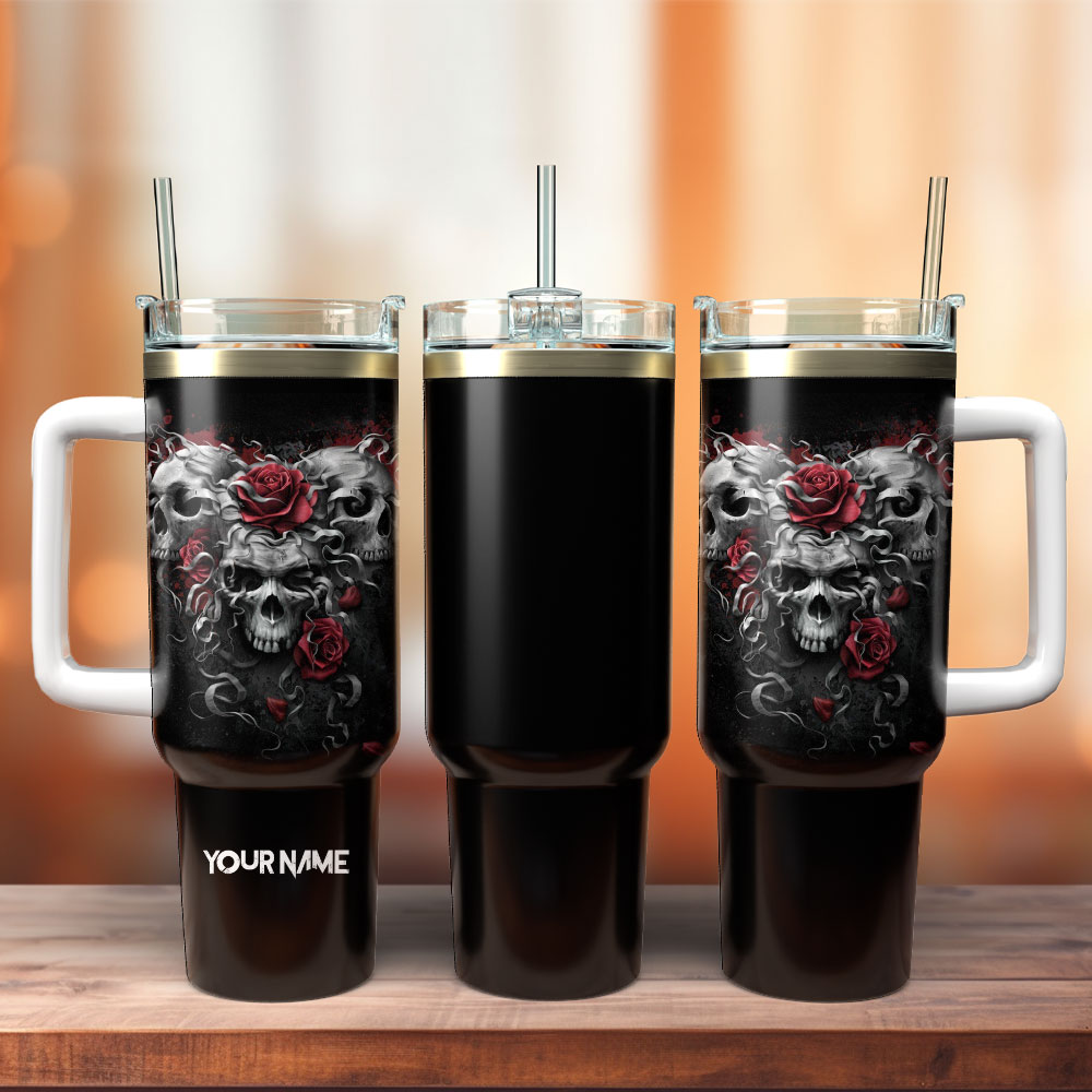 Skulls And Roses Artwork Custom Stanley Cup 40 oz 30 oz Tumbler With Handle