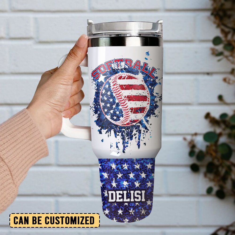Softball American Flag Custom Stanley Cup 40 oz 30 oz Tumbler With Handle