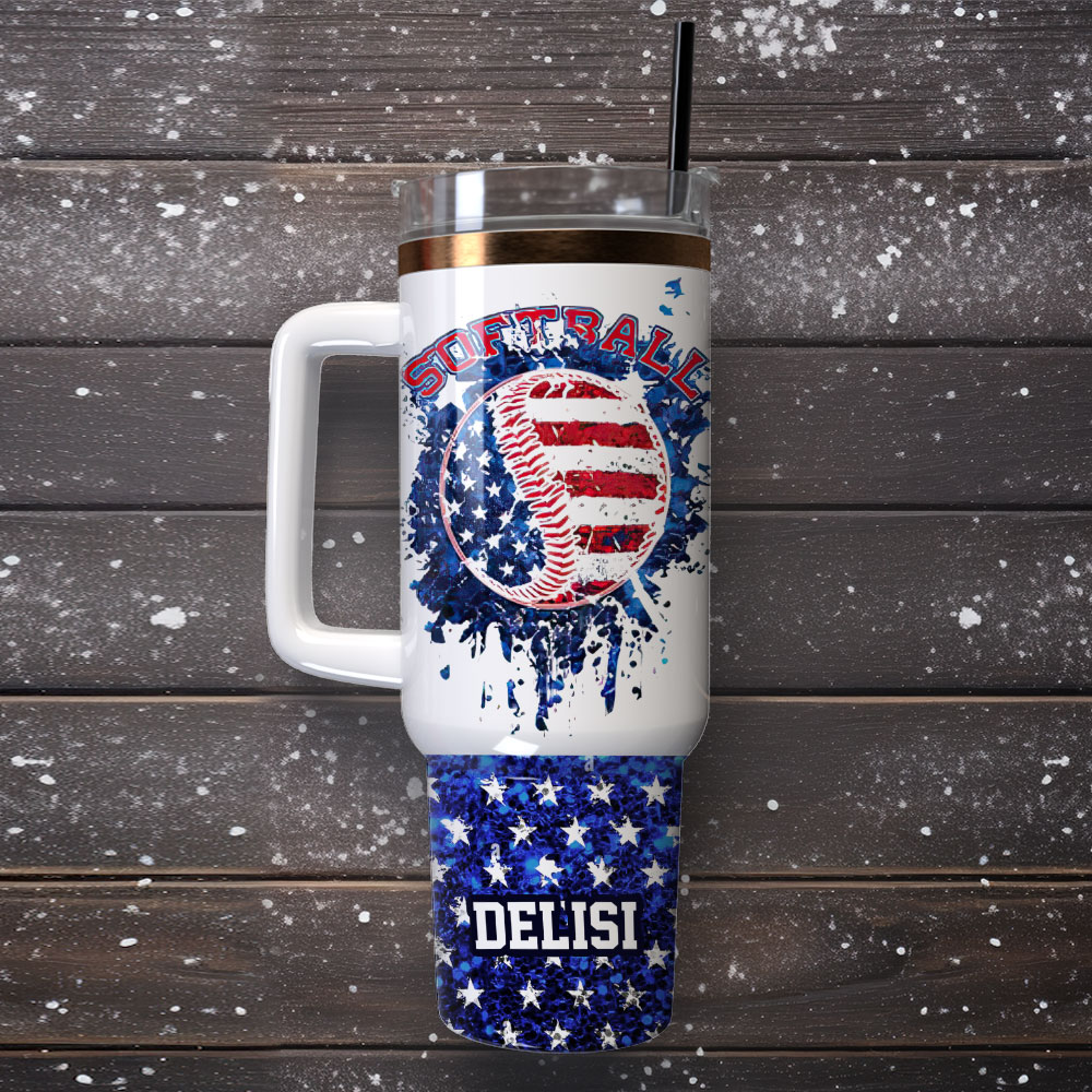 Softball American Flag Custom Stanley Cup 40 oz 30 oz Tumbler With Handle
