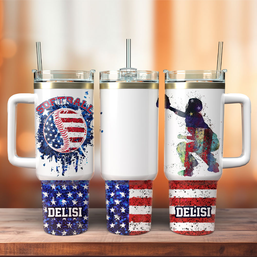 Softball American Flag Custom Stanley Cup 40 oz 30 oz Tumbler With Handle