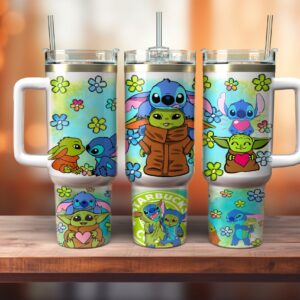 Stitch And Baby Yoda Cartoon Custom Stanley Cup 40 oz 30 oz Tumbler With Handle