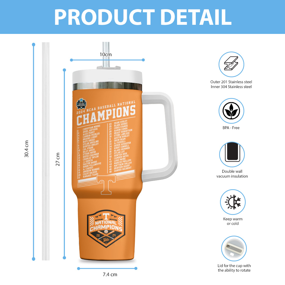 Tennessee Volunteers Baseball NCAA Custom Stanley Cup 40 oz 30 oz Tumbler With Handle