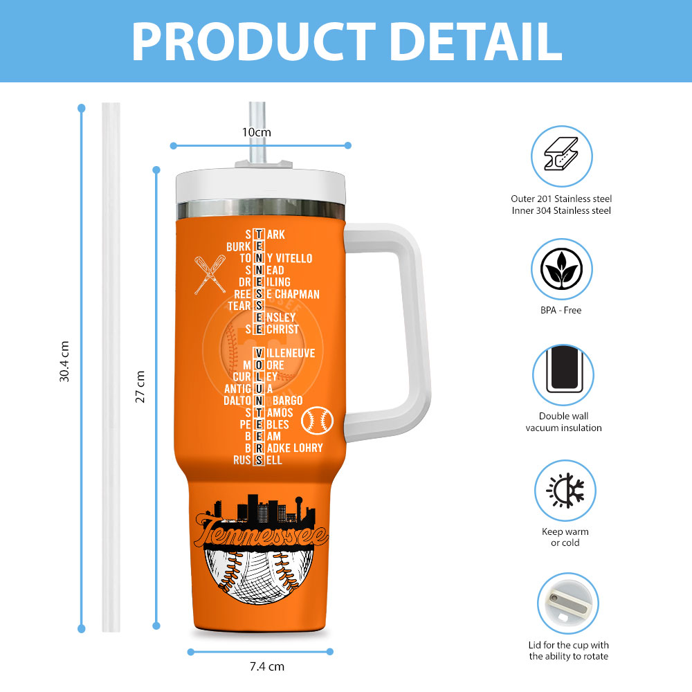 Tennessee Volunteers Baseball NCAA Custom Stanley Cup 40 oz 30 oz Tumbler With Handle