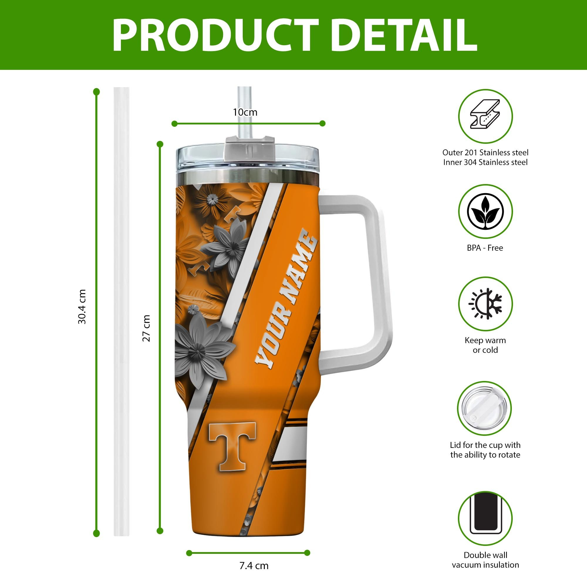 Tennessee Volunteers NCAA Custom Stanley Cup 40 oz 30 oz Tumbler With Handle