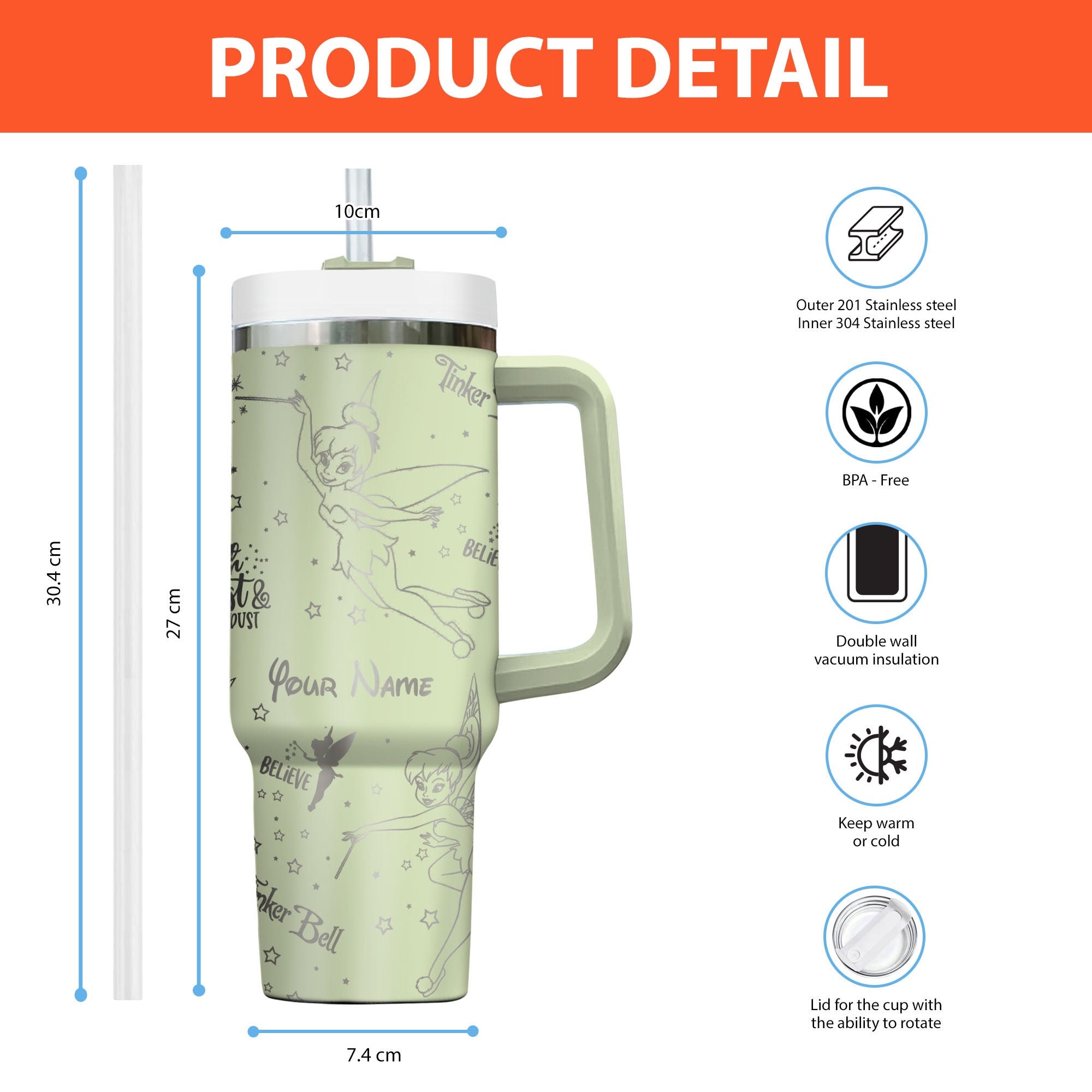 Tinkerbell Disney Cartoon Custom Stanley Cup 40 oz 30 oz Tumbler With Handle
