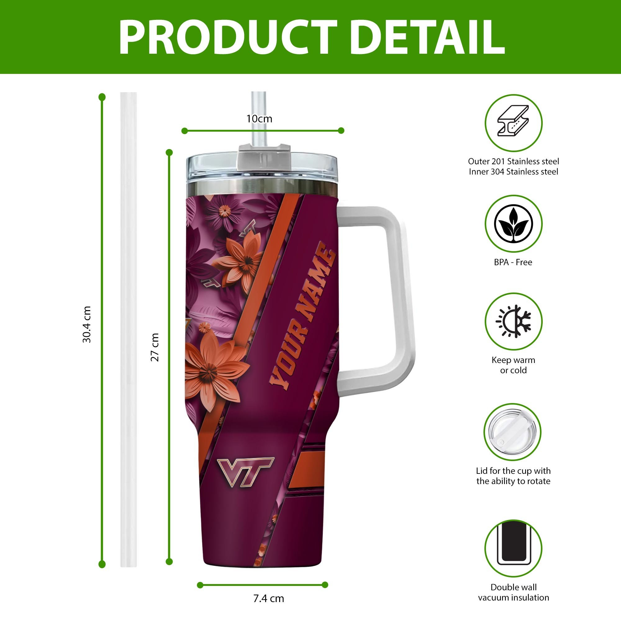 Virginia Tech Hokies NCAA Custom Stanley Cup 40 oz 30 oz Tumbler With Handle
