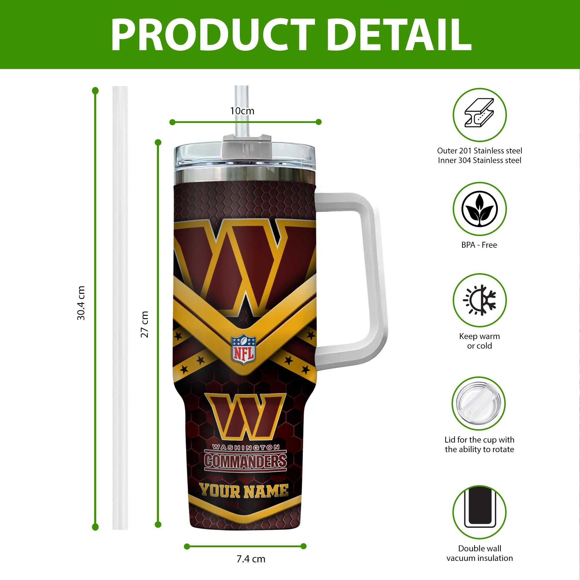 Washington Commanders NFL Custom Stanley Cup 40 oz 30 oz Tumbler With Handle