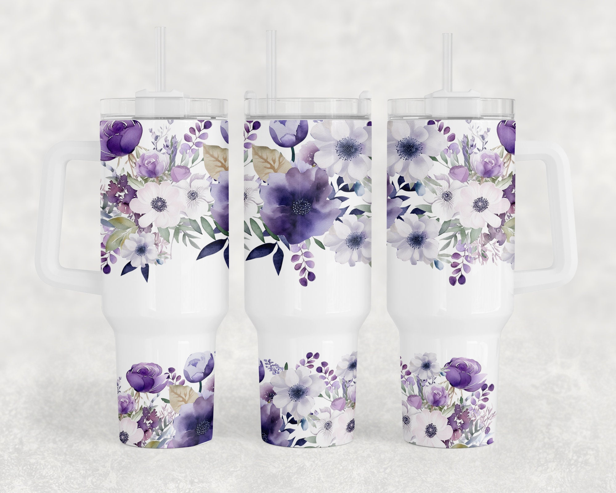 Watercolor Purple Floral Custom Stanley Cup 40 oz 30 oz Tumbler With Handle