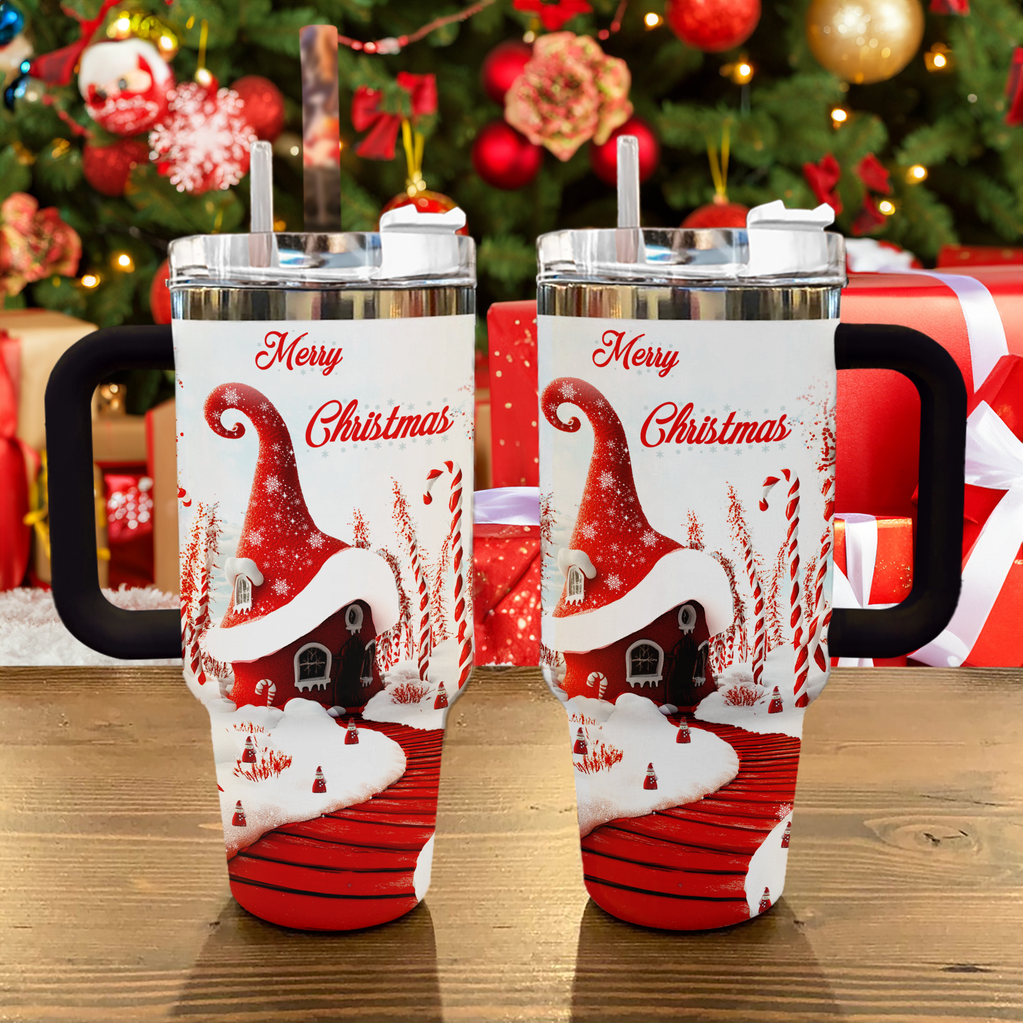Whimsical Red House Christmas Custom Stanley Cup 40 oz 30 oz Tumbler With Handle