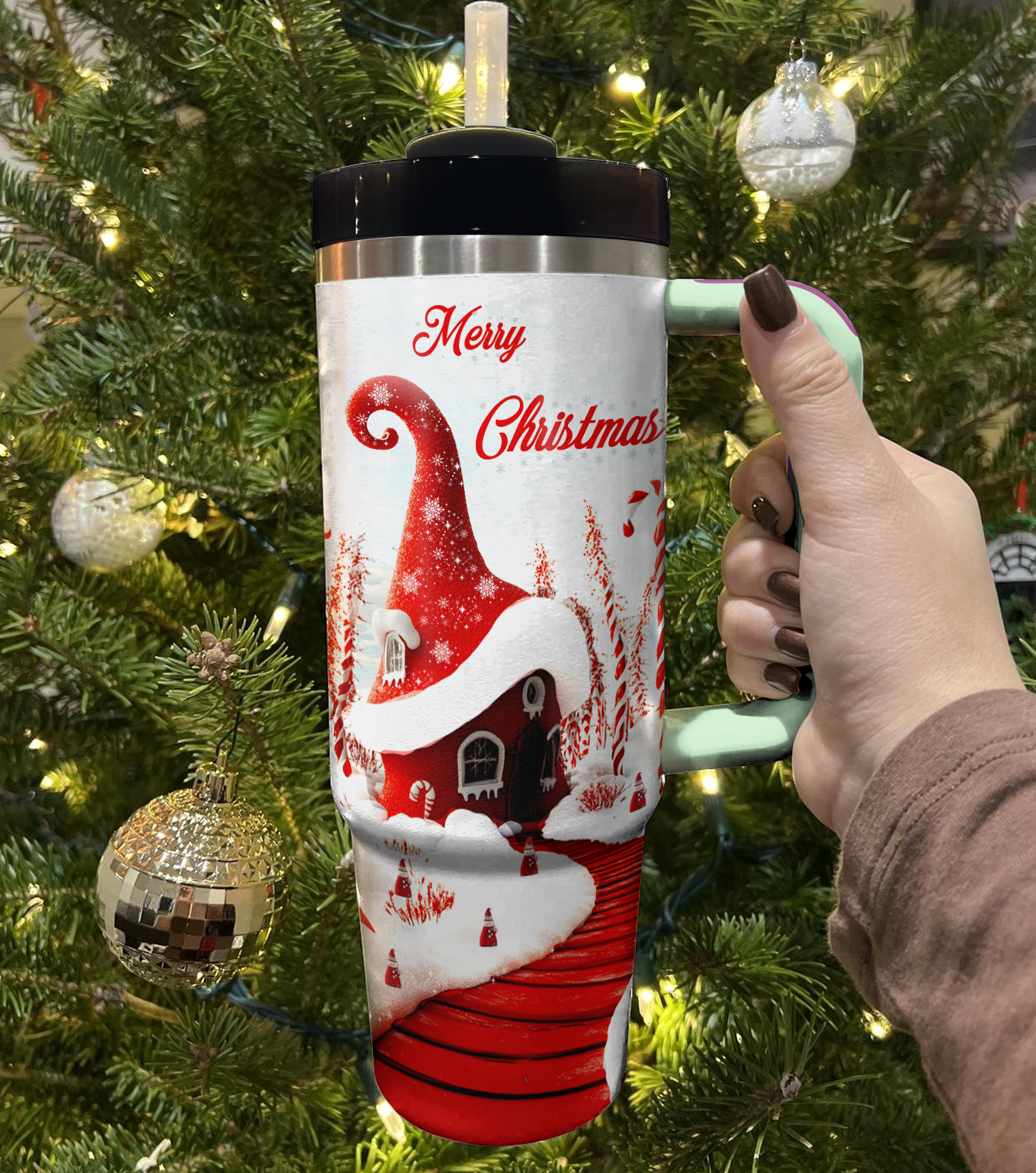 Whimsical Red House Christmas Custom Stanley Cup 40 oz 30 oz Tumbler With Handle