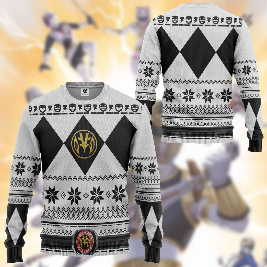 White MIGHTY MORPHIN Power Ranger Ugly Costume Hoodie Sweatshirt T-Shirt Sweatpants Tracksuit - Stormmerch Exclusive