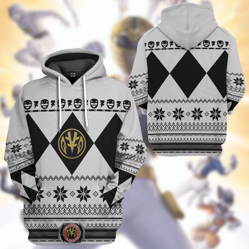 White MIGHTY MORPHIN Power Ranger Ugly Costume Hoodie Sweatshirt T-Shirt Sweatpants Tracksuit - Stormmerch Exclusive