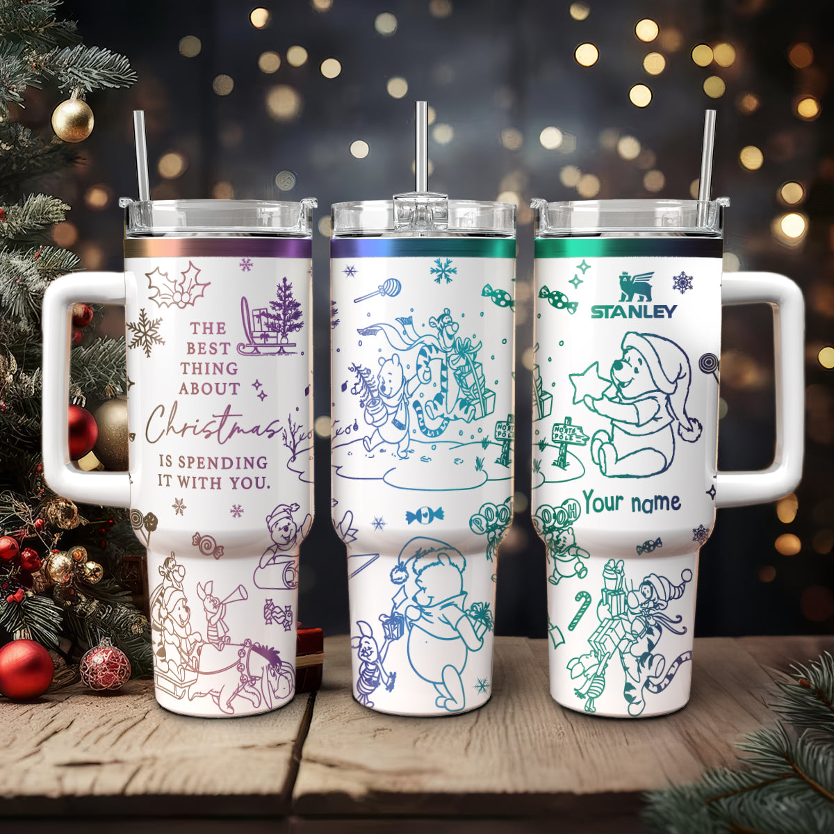 Winnie The Pooh Cartoon Christmas Custom Stanley Cup 40 oz 30 oz Tumbler With Handle
