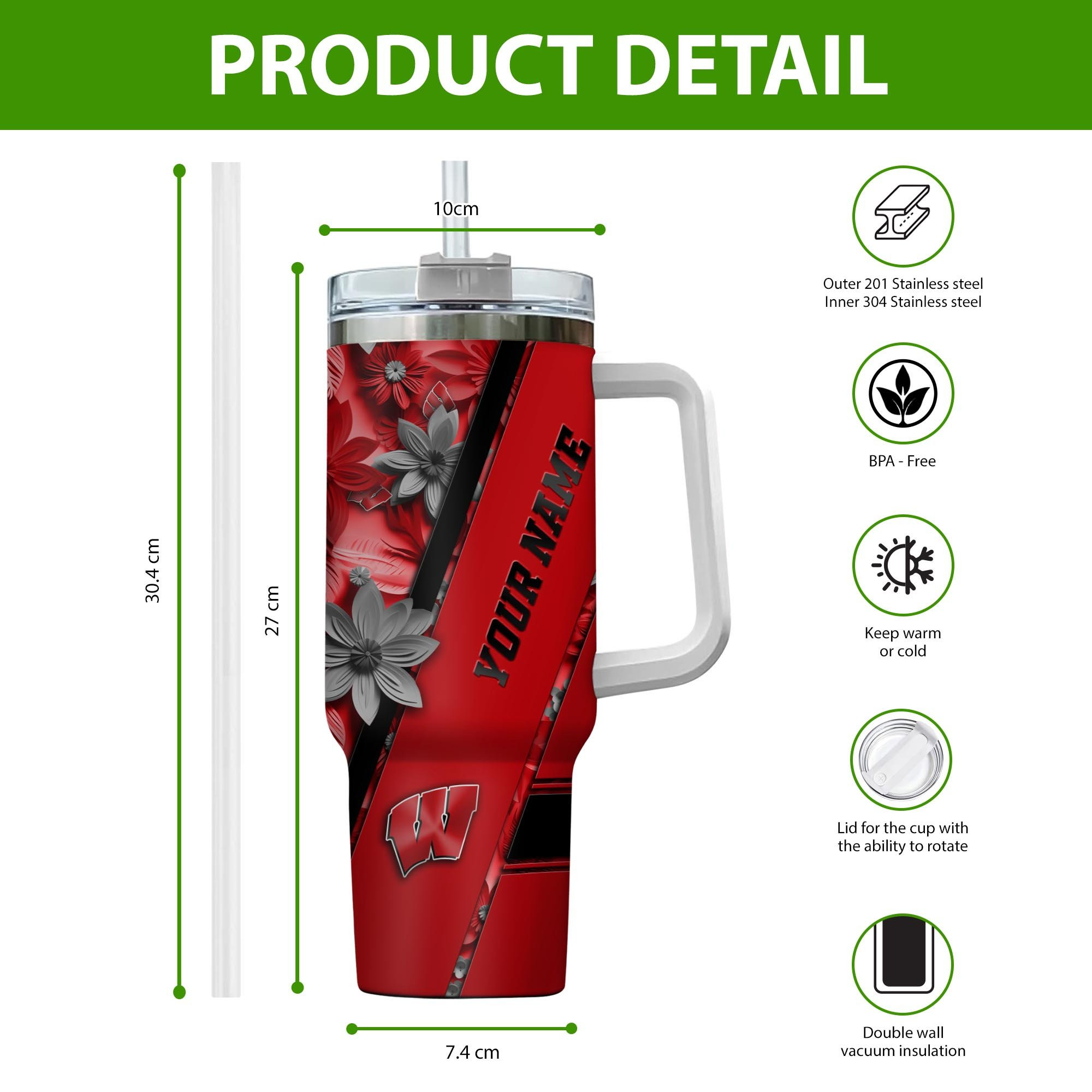 Wisconsin Badgers NCAA Custom Stanley Cup 40 oz 30 oz Tumbler With Handle